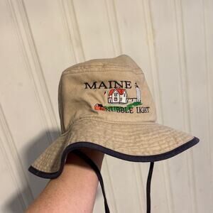 Maine Nubble Lighthouse vintage vtg New England tan blue minimalist bucket hat